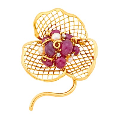Lot 149 - Seaman Schepps Gold, Cabochon Ruby, Cultured Pearl and Diamond Flower Clip-Brooch