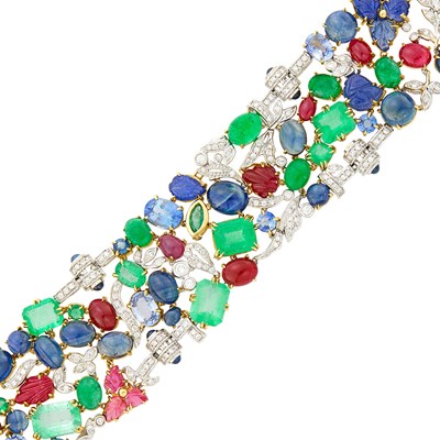 Lot 177 - Seaman Schepps Wide Two-Color Gold, Gem-Set and Diamond 'Garden' Bracelet