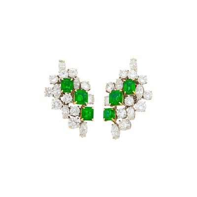 Lot 187 - Boucheron Paris Pair of Two-Color Gold, Emerald and Diamond Cluster Earclips