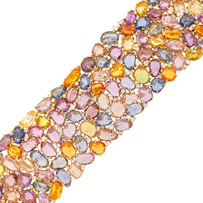 Lot 1155 - Wide Gold, Multicolored Sapphire and Diamond Bracelet