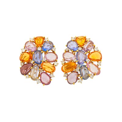 Lot 1156 - Pair of Gold, Multicolored Sapphire and Diamond Cluster Earrings