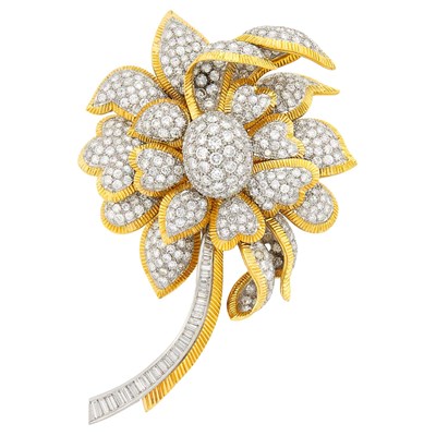 Lot 147 - Gold, Platinum and Diamond Flower Clip-Brooch