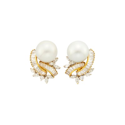Lot 1169 - Pair of Gold, South Sea Cultured Pearl and Diamond Earclips