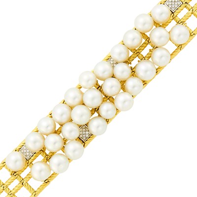 Lot 114 - David Yurman Two-Color Gold, South Sea Cultured Pearl and Diamond Bracelet