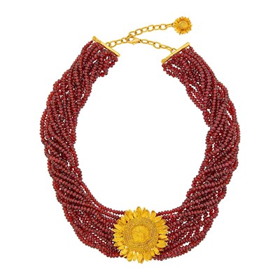 Lot 122 - Asprey Multistrand Garnet Bead and Gold Sunflower Necklace