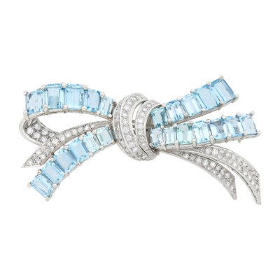 Lot 214 - Platinum, Aquamarine and Diamond Bow Brooch