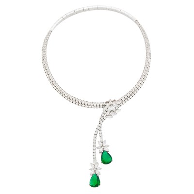 Lot 1068 - White Gold, Diamond and Synthetic Emerald Choker Fringe Necklace