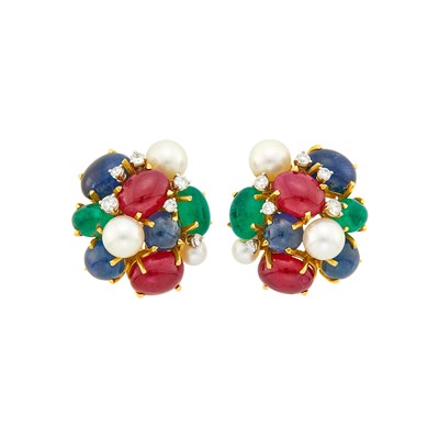 Lot 179 - Seaman Schepps Pair of Gold, Cabochon Colored Stone, Cultured Pearl and Diamond 'Bubbles' Earclips