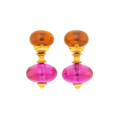 Lot 143 - Marina B Pair of Gold, Citrine and Pink Quartz 'Pneu' Pendant-Earclips
