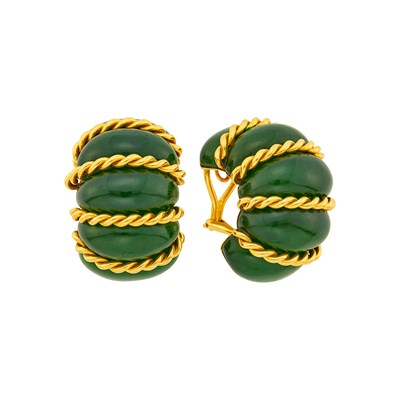 Lot 96 - Seaman Schepps Pair of Gold and Nephrite 'Shrimp' Earclips