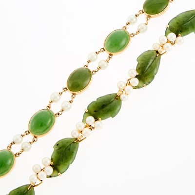 Lot 1150 - Ming's and Gump's Two Gold, Nephrite and Cultured Pearl Bracelets
