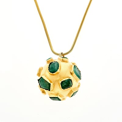 Lot 1157 - Gold and Emerald Ball Charm with Snake Chain Necklace