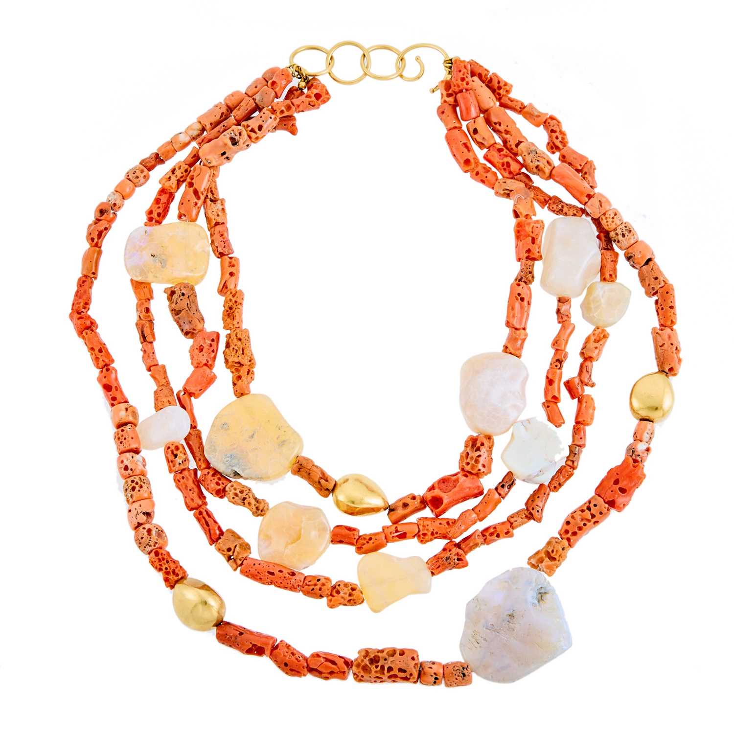 Lot 1003 - Multistrand Gold, Natural Coral and Tumbled Opal Bead Necklace
