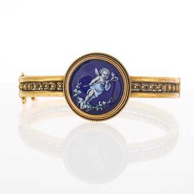 Lot 1170 - Antique Gold and Enamel Cherub Bangle Bracelet