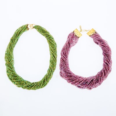 Lot 1154 - Two Multistrand Emerald, Yellow Sapphire, Ruby and Tanzanite Bead Torsade Necklaces