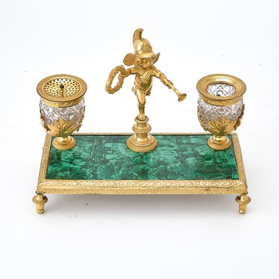 Lot 615 - Russian Ormolu, Cut Glass and Malachite Figural Inkstand