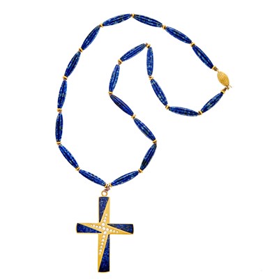 Lot 1153 - Gold, Lapis and Diamond Cross Pendant with Lapis Bead Necklace