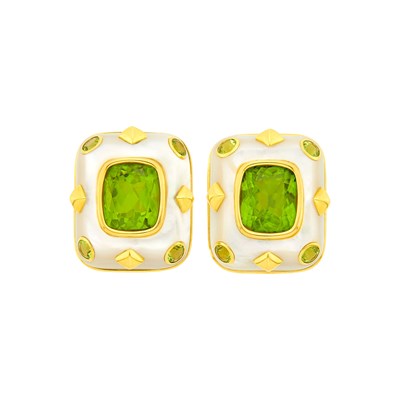 Lot 1145 - Trianon Pair of Gold, Mother-of-Pearl and Peridot Earclips