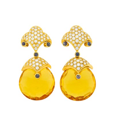 Lot 1149 - Pair of Gold, Diamond and Cabochon Sapphire Earrings with Interchangeable Bead Pendants