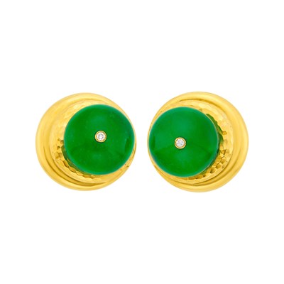 Lot 1013 - Andrew Clunn Pair of Hammered Gold, Dyed Green Quartz Bead and Diamond Earclips