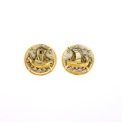 Lot 1075 - Gump's Pair of Gold and Silver Japanese Makume Ship Earrings