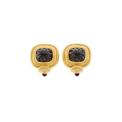 Lot 1174 - Pair of Gold, Carved Black Onyx and Pink Tourmaline Earclips