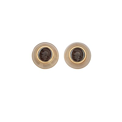 Lot 1187 - Pair of Gold, Rock Crystal and Black Onyx Intaglio Earclips