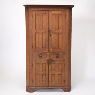 Lot 1152 - Faux Tiger Maple Grain Painted and Paneled Corner Cupboard