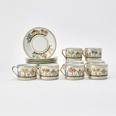 Lot 233 - Set of Eight Le Tallec for Tiffany & Co. Porcelain 'Cirque Chinois' Pattern Flat Cups and Saucers