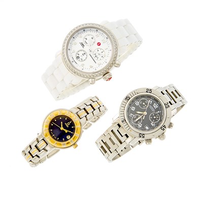 Lot 1208 - Hermès Stainless Steel 'Clipper' Wristwatch, Fendi Two-Color Steel Wristwatch and Michelle White Ceramic, Steel and Diamond Wristwatch