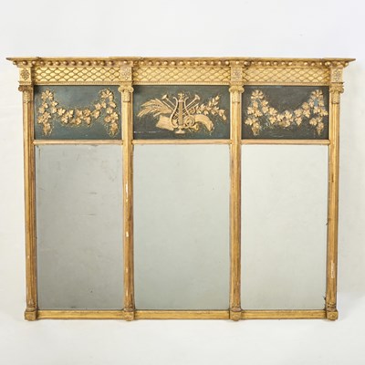Lot 500 - Regency Carved Giltwood and Ebonized Over Mantel Mirror