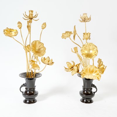 Lot 365 - Pair of Oversize Chinese Patinated Bronze Ewers with Gilt Tôle Flower Arrangement