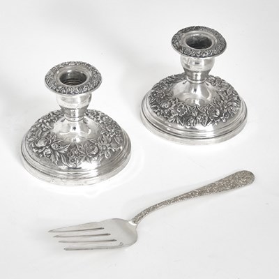 Lot 109 - Pair of S. Kirk and Son Sterling Silver Dresser Candlesticks and a Serving Fork