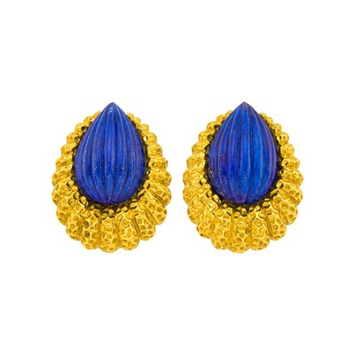 Lot 22 - Pair of Gold and Carved Lapis Earclips