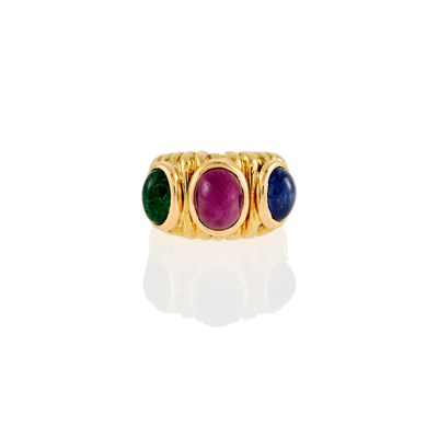 Lot 142 - Gold and Cabochon Emerald, Sapphire and Ruby Ring