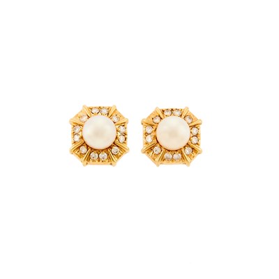 Lot 161 - Pair of Gold, Cultured Pearl and Diamond Earrings