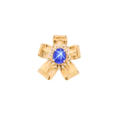 Lot 1165 - Gold, Synthetic Star Sapphire and Diamond Pendant-Brooch