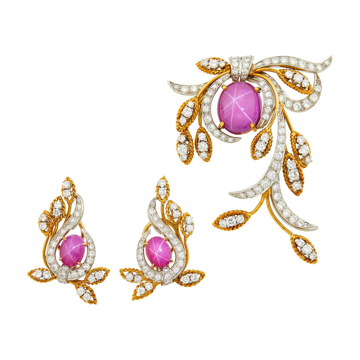 Lot 36 - Gold, Platinum, Synthetic Star Ruby and Diamond Brooch and Pair of Earclips