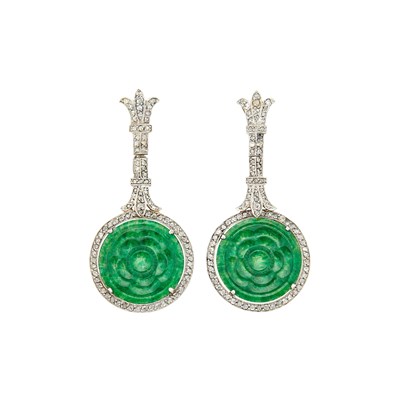 Lot 174 - Pair of Platinum, Carved Jade and Diamond Pendant-Earrings