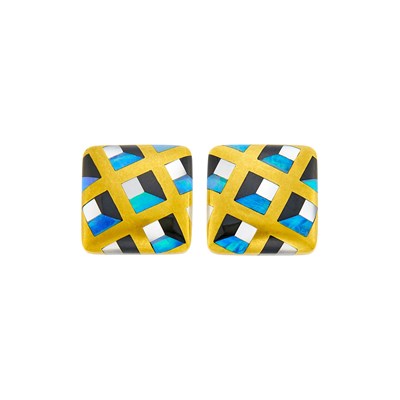 Lot 1004 - Angela Cummings Pair of Gold, Opal, Black Jade and Mother-of-Pearl Earclips