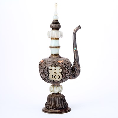Lot 614 - A Mongolian Silver and Jade Ewer