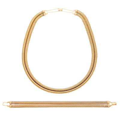 Lot 2190 - Low Karat Gold and Rose Gold Snake Link Double Strand Necklace and Bracelet