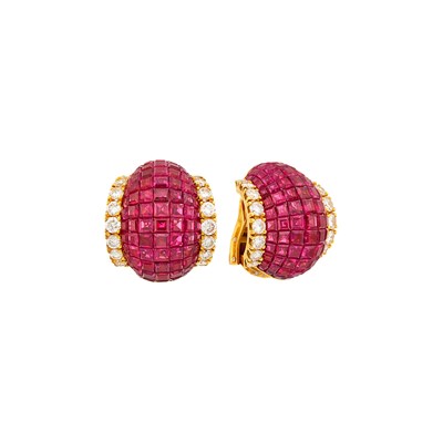 Lot 183 - Sabbadini Pair of Gold, Invisibly-Set Ruby and Diamond Earclips