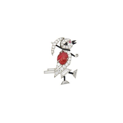 Lot 226 - Oscar Heyman & Brothers Platinum, Diamond, Carved Ruby and Black Enamel Duck Pin