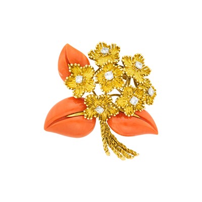 Lot 123 - Gold, Coral and Diamond Clip-Brooch, France