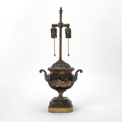 Lot 141 - George III Black and Gilt Decorated Tole Urn Mounted as a Lamp
