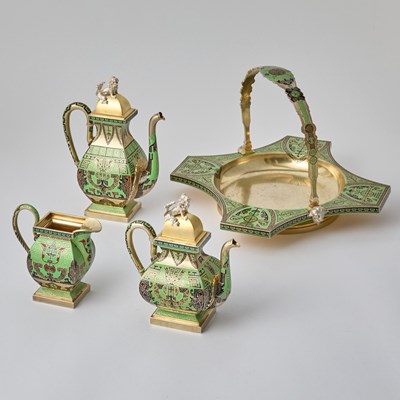 Lot Rare Russian Silver-Gilt and Champlevé Enamel Tea and Coffee Service