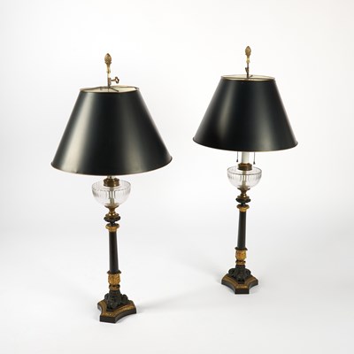 Lot 262 - Pair of Neoclassical Style Patinated and Gilt Metal and Glass Table Lamps