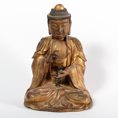 Lot 257 - A Likely Korean Gilt Lacquered Wood Figure of Buddha Amitabha