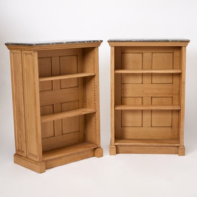 Lot 252 - Pair of English Oak Double Sided Bookcases with Orthoceras Fossil Marble Tops
